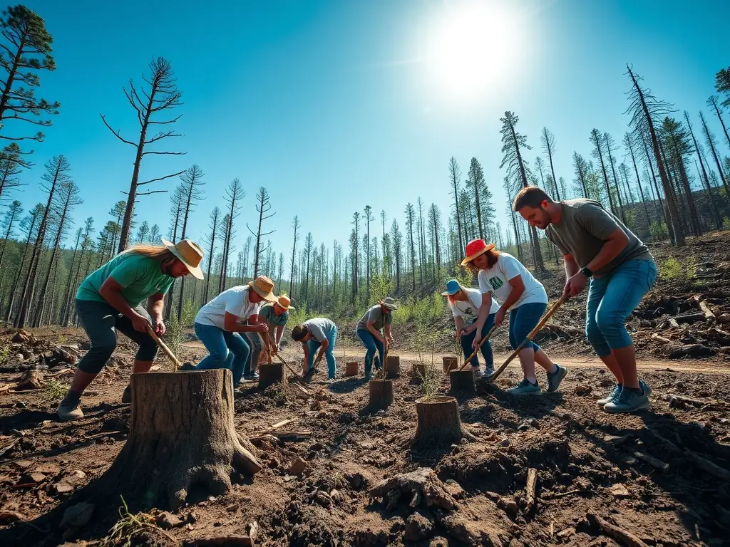 A photograph showcasing volunteers planting trees in a deforested area, symbolizing L AZEROTTE's commitment to reforestation and habitat restoration.