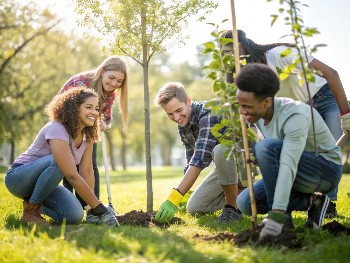 A group of students participating in a tree planting activity, symbolizing environmental education and conservation efforts.