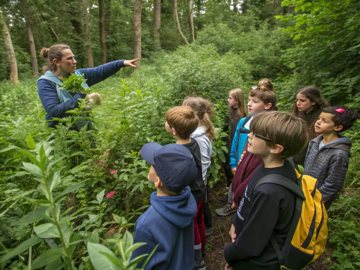 A group of students participating in a guided nature walk, learning about local flora and fauna in a forest setting. The image should convey a sense of discovery and environmental education.