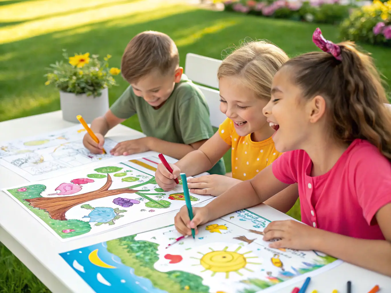 A vibrant image of children and adults participating in a hands-on environmental workshop outdoors, surrounded by lush greenery and native wildlife.