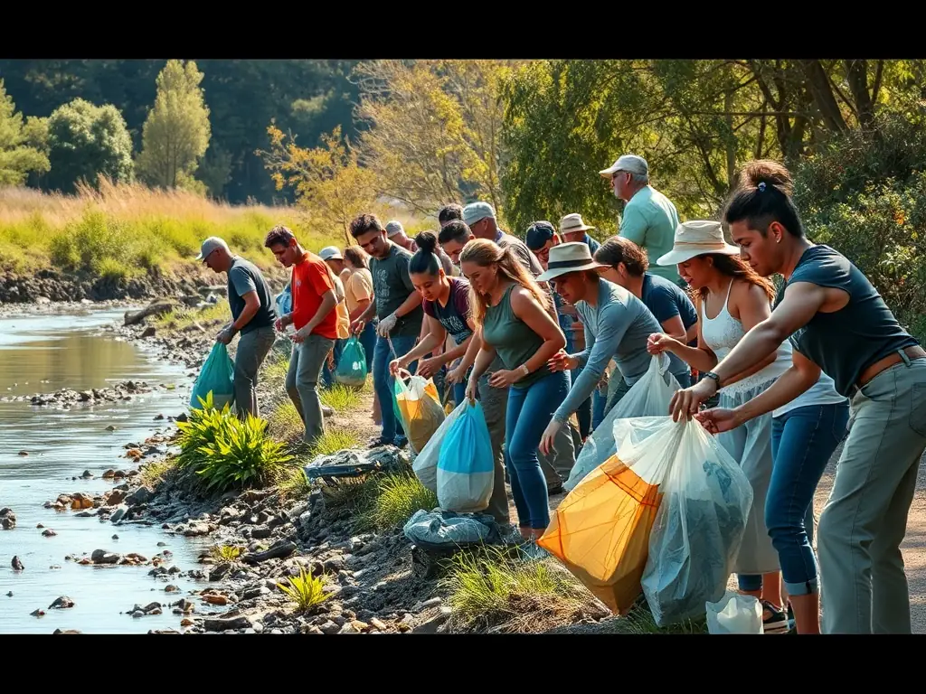 An image depicting community members participating in a clean-up drive along a riverbank, highlighting L AZEROTTE's efforts to combat pollution and protect waterways.