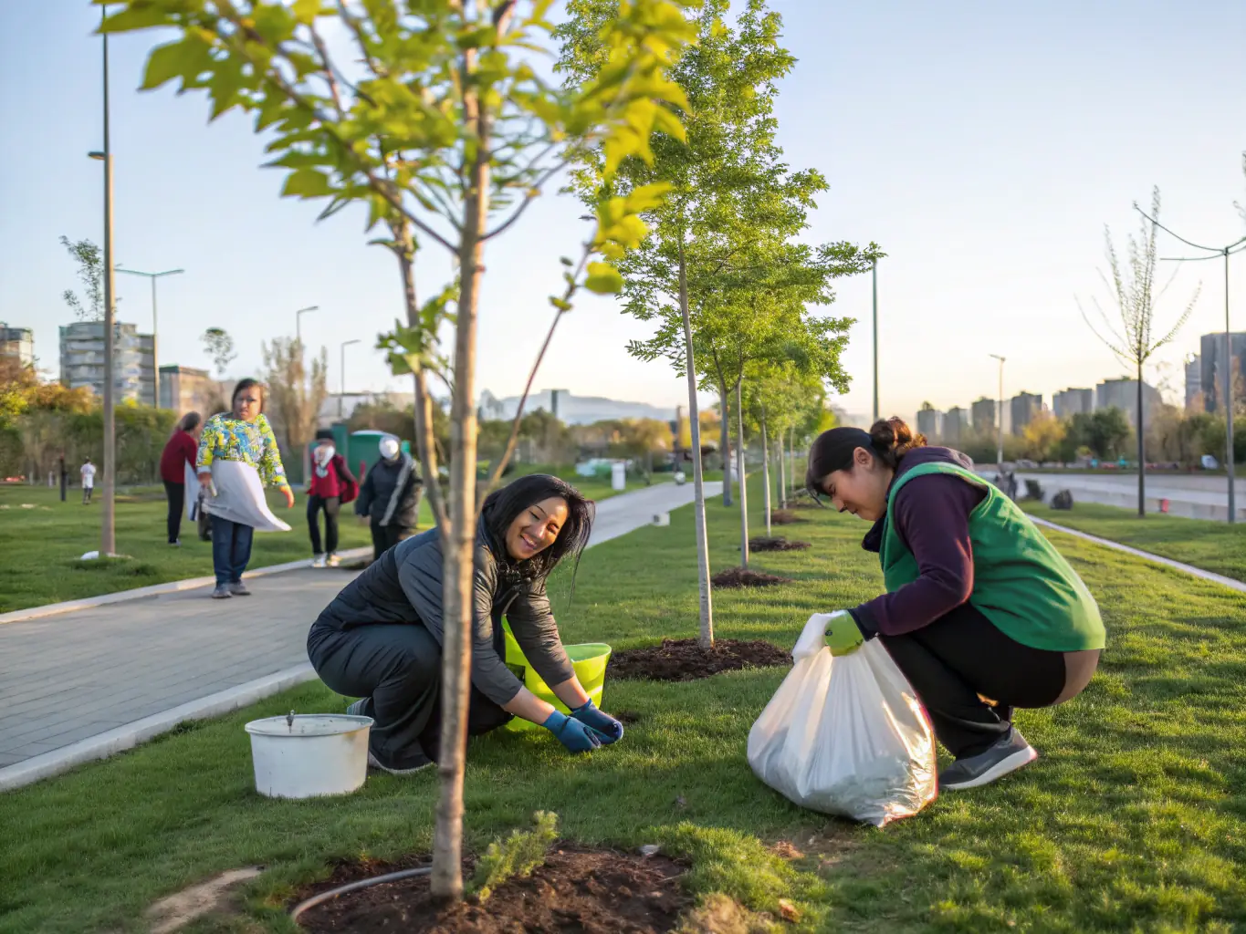 Community members participating in a clean-up event at a local park, collecting litter and improving the environment. The image should highlight community engagement and the importance of maintaining clean and healthy public spaces.