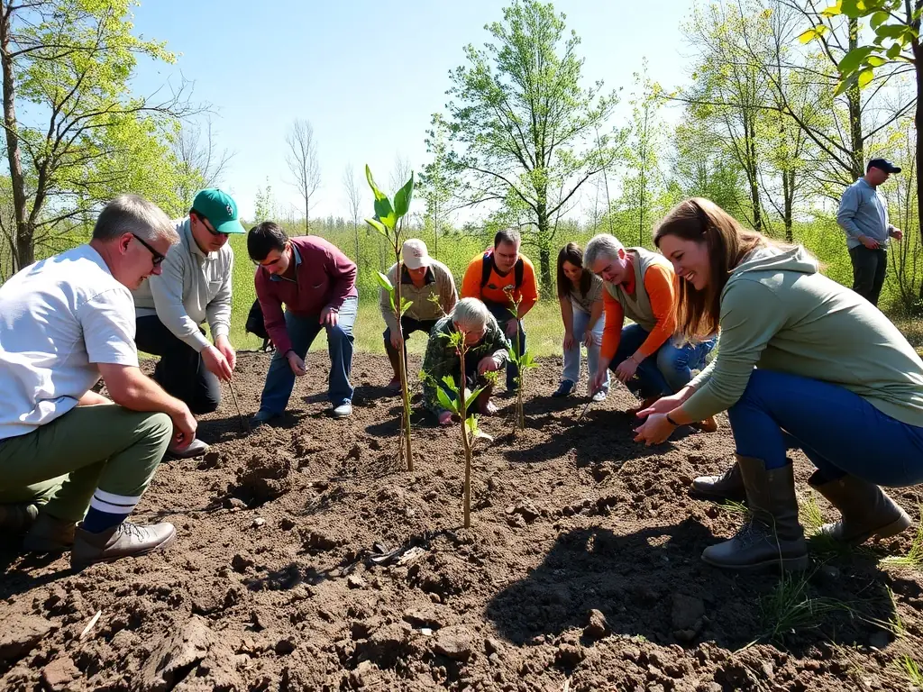 Volunteers planting trees in a deforested area, working together to restore the natural habitat. The image should emphasize teamwork and the positive impact of reforestation efforts.